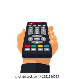 Remote control holding in hand. Wireless television control. Social media. Rest at home, while watching programs. Vector illustration flat design. Isolated on white background.