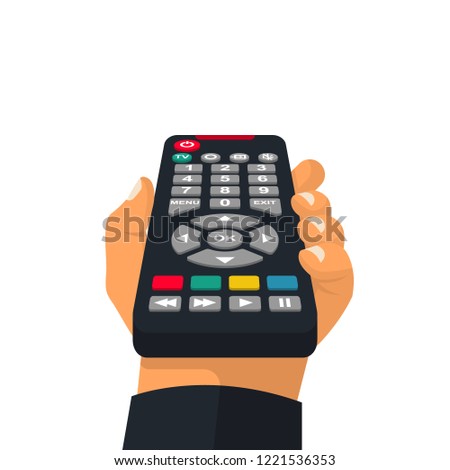 Remote control holding in hand. Wireless television control. Social media. Rest at home, while watching programs. Vector illustration flat design. Isolated on white background.