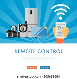 Remote control for household appliances concept. Smart home automation system, smart house control panel on mobile device. Internet of things banner. Iot comfort. Smartphone remote control.
