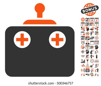 Remote Control icon with bonus calendar and time management icon set. Vector illustration style is flat iconic symbols, orange and gray colors, white background.