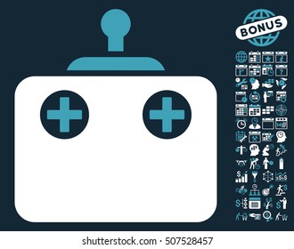 Remote Control icon with bonus calendar and time management graphic icons. Vector illustration style is flat iconic symbols, blue and white colors, dark blue background.