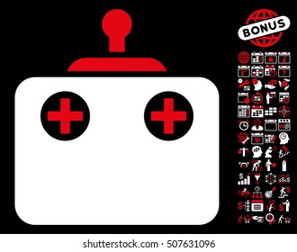 Remote Control icon with bonus calendar and time management clip art. Vector illustration style is flat iconic symbols, red and white colors, black background.