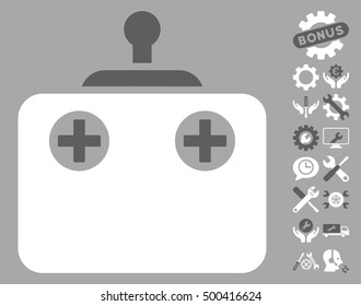 Remote Control icon with bonus settings design elements. Vector illustration style is flat iconic symbols, dark gray and white colors, silver background.