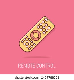 Remote control icon in comic style. Infrared controller vector cartoon illustration on white isolated background. Tv keypad business concept splash effect.