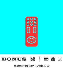 Remote control icon flat. Red pictogram on blue background. Vector illustration symbol and bonus buttons Music center, corkscrew, credit card, house, drum