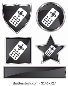 Symbolsatz für Fernbedienung: Schwarze Satin- und Chromknöpfe in Stern-, Schild-, Kreis- und Vierkantform.