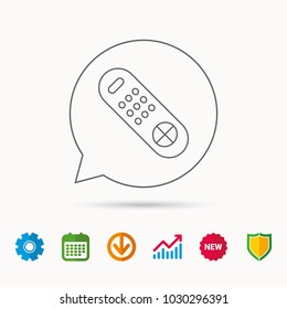 Remote control icon. TV switching channels sign. Calendar, Graph chart and Cogwheel signs. Download and Shield web icons. Vector