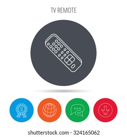 Remote control icon. TV switching channels sign. Globe, download and speech bubble buttons. Winner award symbol. Vector