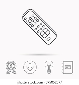 Remote control icon. TV switching channels sign. Download arrow, lamp, learn book and award medal icons.