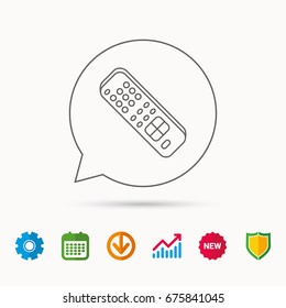 Remote control icon. TV switching channels sign. Calendar, Graph chart and Cogwheel signs. Download and Shield web icons. Vector