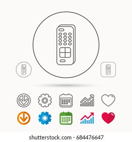Remote control icon. TV switching channels sign. Calendar, Graph chart and Cogwheel signs. Download and Heart love linear web icons. Vector