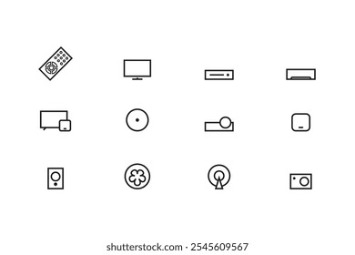 Remote control icons, Mi TV Mi Box, television, set top box, AC, Fan, Smart box, A V Receiver, DVD player, Projector, Chinese satellite TV and Camera.In outlane style.Vector illustration.