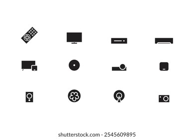 Ícones de controle remoto, Mi TV Mi Box, televisão, set top box, AC, ventilador, Smart box, Receptor A V, DVD player, Projetor, TV satélite chinesa e Camera.In ilustração flat style.Vetor.