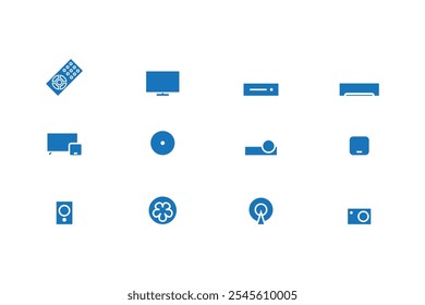 Remote control icons, Mi TV Mi Box, television, set top box, AC, Fan, Smart box, A V Receiver, DVD player, Projector, Chinese satellite TV and Camera.In blue flat style.Vector illustration.