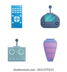 Los iconos de control remoto establecen el vector de dibujos animados. Control remoto de varios tipos pulsados. Equipo de entretenimiento, dispositivo
