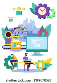 Remote Control Industrial Machine. Smart Industry. Teamwork. Working Process. Automation and Technology. Vector Illustration. Delivery Cargo. Smart Idustry. Monitoring Fast Delivery. Man Accept Order.