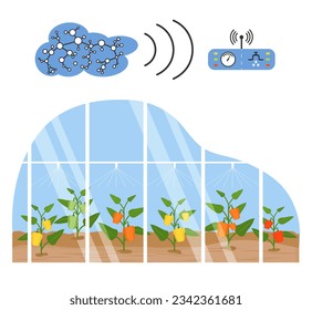 Remote control of intelligent agricultural greenhouse system using digital device Vector illustration. Hydroponics, aeroponics process of growing plants Smart garden beds Farming robotics technology