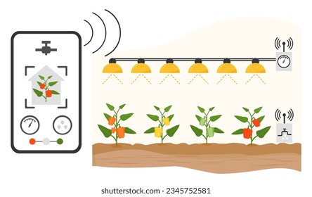 Remote control of intelligent agricultural greenhouse system using digital device Vector illustration. Hydroponics, aeroponics process of growing plants Smart garden beds Farming robotics technology