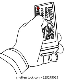 Remote Control in a man hand vector isolated on white background, television, black and white, Male hand holding remote control to the TV screen isolated on white illustration
