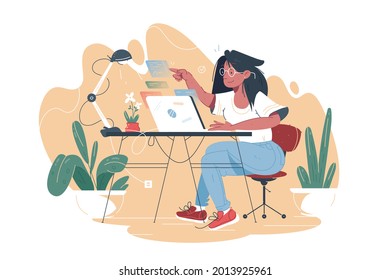 Remote control modern technology vector illustration. Woman using interactive interface for remote control of working process flat style concept