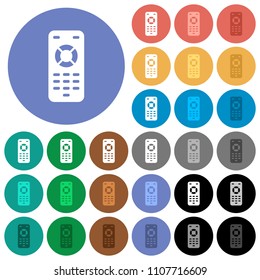 Remote control multi colored flat icons on round backgrounds. Included white, light and dark icon variations for hover and active status effects, and bonus shades on black backgounds.