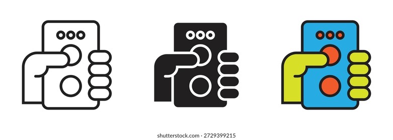 Icono de operación de control remoto. Mano que sostiene un icono de dispositivo de control remoto, que simboliza la operación inalámbrica, la teleoperación industrial y la gestión inteligente del sistema doméstico en tres estilos.