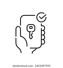 Remote control personal account access. Key, smartphone and checkmark. Pixel perfect, editable stroke
