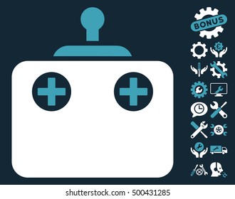 Remote Control pictograph with bonus tools pictograph collection. Vector illustration style is flat iconic symbols, blue and white colors, dark blue background.