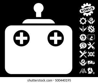 Remote Control pictograph with bonus tools pictograph collection. Vector illustration style is flat iconic symbols, white color, black background.