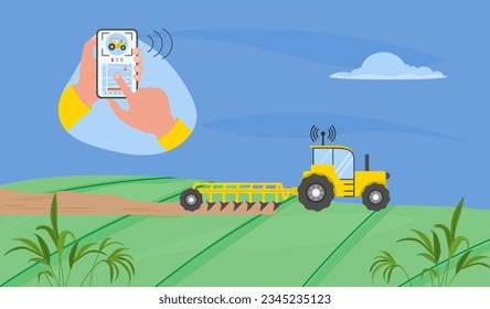 Remote control of plowing field for planting agricultural plants using digital device Tractor with harrow Vector illustration Intelligent agricultural process Growing Smart Farming robotics technology