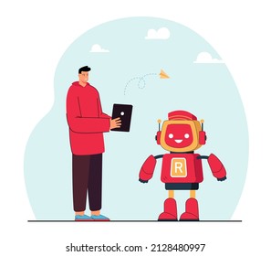 Remote control of robot by engineer. Happy man using AI technology of future flat vector illustration. Artificial intelligence, engineering concept for banner, website design or landing web page