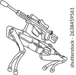 Remote remote control robot dog sitting on spot, waiting with sniper rifle on, hand drawn outline illustration. Ground military drone with four foot simple drawing. Robotic machine with sniper gun. 