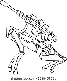 Remote remote control robot dog sitting on spot, waiting with sniper rifle on, hand drawn outline illustration. Ground military drone with four foot simple drawing. Robotic machine with sniper gun. 