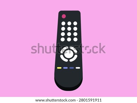 A remote control sits prominently against a soft pink background, highlighting its smooth curves and numerous buttons, It suggests easy access to entertainment in any setting.