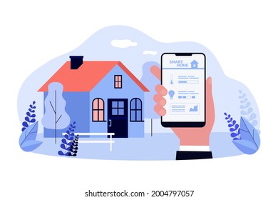 Remote control of smart home flat vector illustration. Hand holding smartphone with app for controlling smart home functions on screen. Technology, Internet, home, IoT concept for banner design