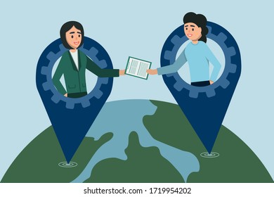 Remote control staff and project management. Remote business management concept. Stock vector illustration.