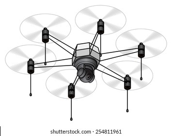 A remote control surveillance drone, with a digital camera. Shown with spinning propellers.