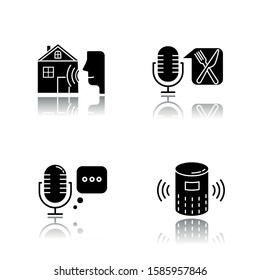 Remote control system drop shadow black glyph icons set. Virtual assistance. Microphones, speaker. Speech recognition equipment. Smart home technology, food order. Isolated vector illustrations