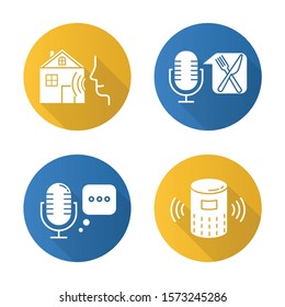 Remote control system flat design long shadow glyph icons set. Virtual assistance tools idea. Speech recognition equipment. Smart home technology, food order. Vector silhouette illustration