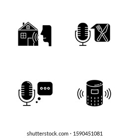 Remote control system glyph icons set. Virtual assistance tools. Microphones, speaker. Speech recognition equipment. Smart home technology, food order. Silhouette symbols. Vector isolated illustration