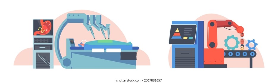 Remote Control Technologies Concept. Clinic Interior with Patient Operated with Medical Robot Arms, Factory Automation with Machine Distantly Work on Conveyor Belt. Cartoon Vector Illustration