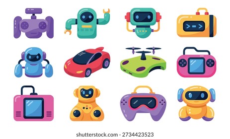 Remote control toy icons vector set with drone, racing car, controller, robot, smartwatch, camera, kids electronic gadget illustration