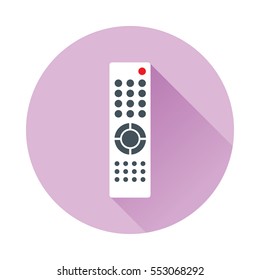 Remote control for TV or media center. Flat icon with long shadow inside the circle shape. Infrared controller symbol. Vector eps8 illustration.