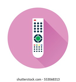 Remote control for TV or media center. Flat icon with long shadow inside the circle shape. Infrared controller symbol. Vector eps8 illustration.