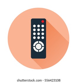 Remote control for TV or media center. Flat icon with long shadow inside the circle shape. Infrared controller symbol. Vector eps8 illustration.