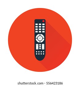 Remote control for TV or media center. Flat icon with long shadow inside the circle shape. Infrared controller symbol. Vector eps8 illustration.