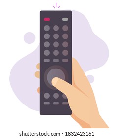 Remote control for tv vector flat cartoon in person hand holding channel button, television technology in man arm and pushing finger
