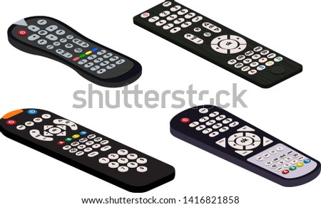 Remote control tv vector remoted controller television channel technology media entertainment equipment digital device control-panel to watch video illustration set isolated on white background