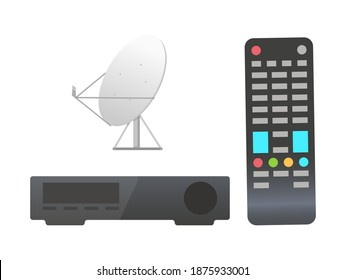 Remote control vector, dvd system and dish with signals antenna searching for connection, application flat style. Object with buttons isolated set