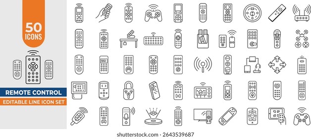 Remote Control and Wireless Line Icons – 50 Smart Vector Icons for Keypad, Controller, IoT Devices and Home Automation. Editable Stroke Line Style.